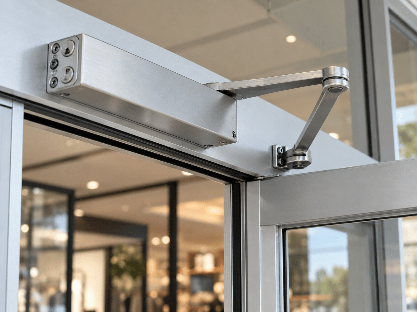 Overhead surface-mounted door closer on an aluminum storefront door