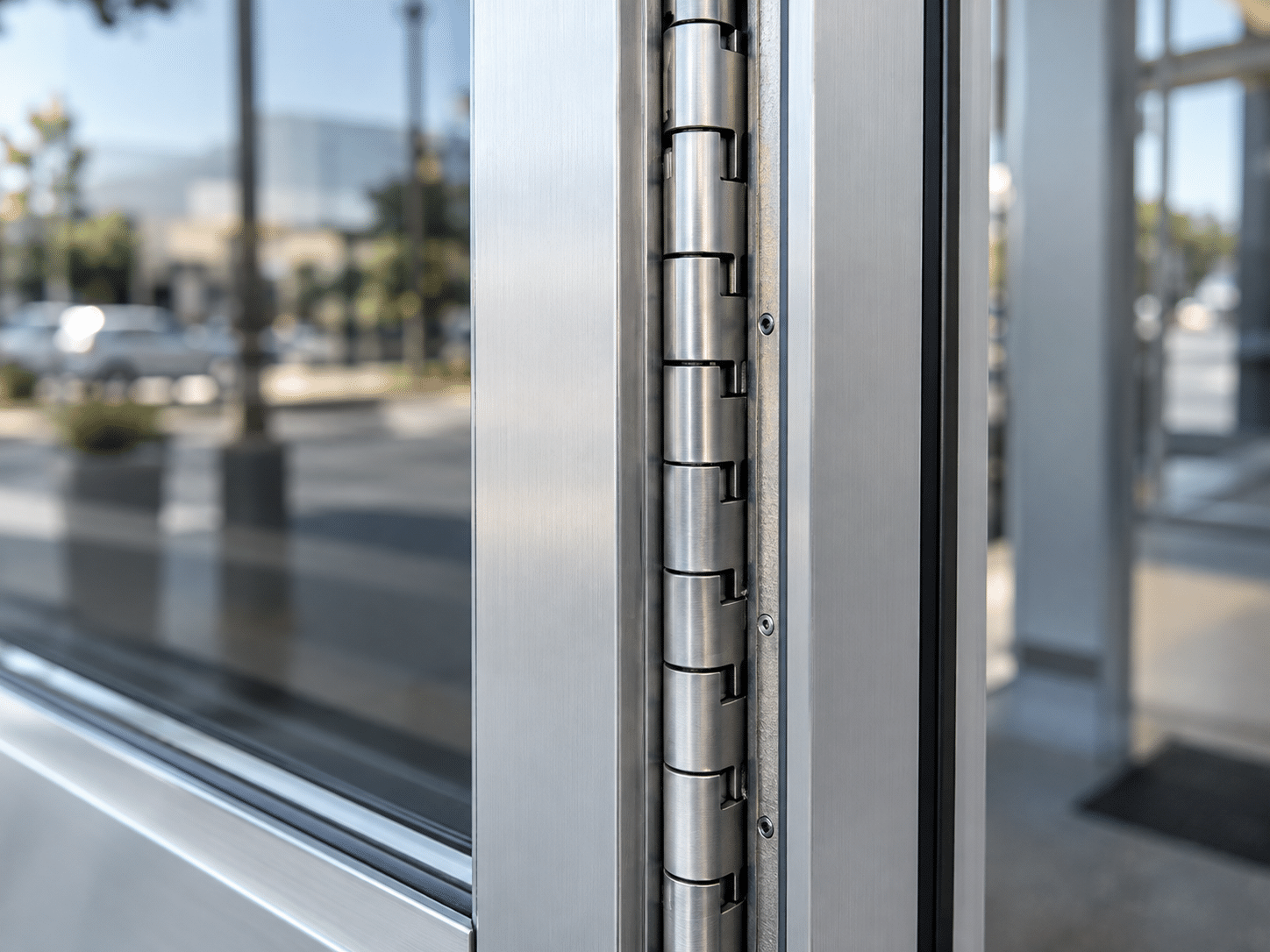 Continuous geared hinge on a commercial aluminum door edge