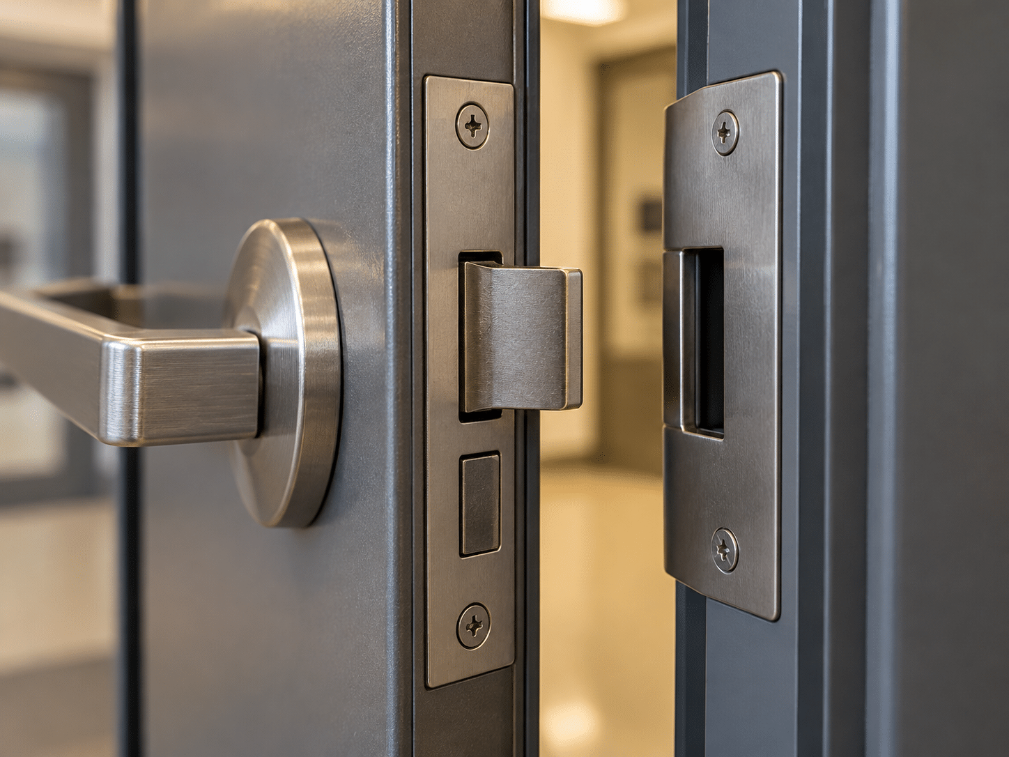 Commercial door latch meeting the strike plate on a steel frame