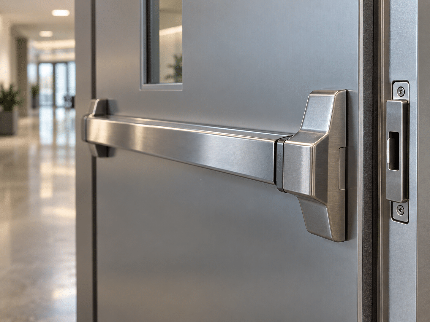 Stainless panic bar exit device on a commercial metal door