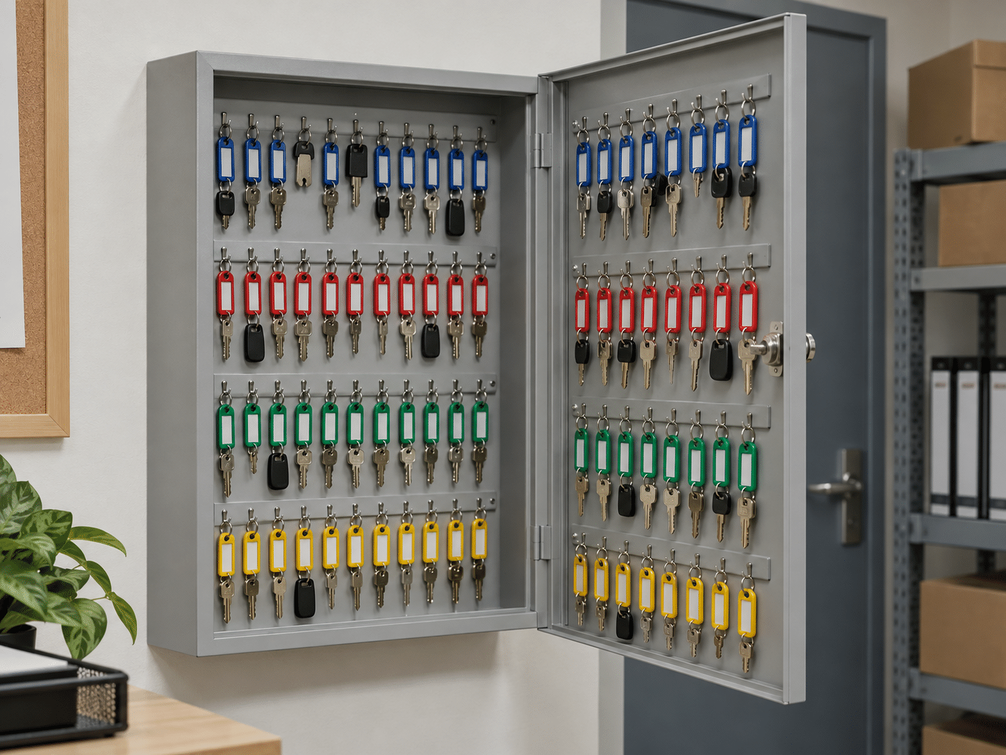 Wall-mounted key cabinet with rows of organized tagged keys