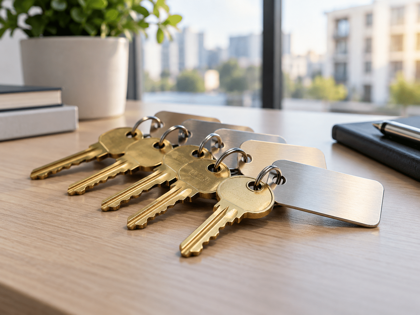 Fanned set of brass keys with blank metal tags on an office desk