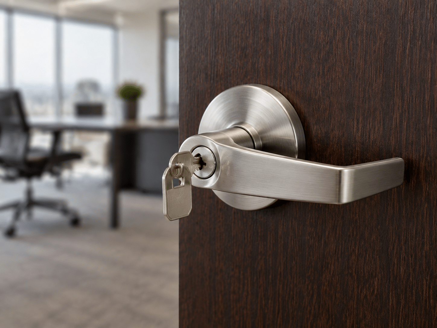 Commercial lever handle with key-in-lever cylinder on a wood office door