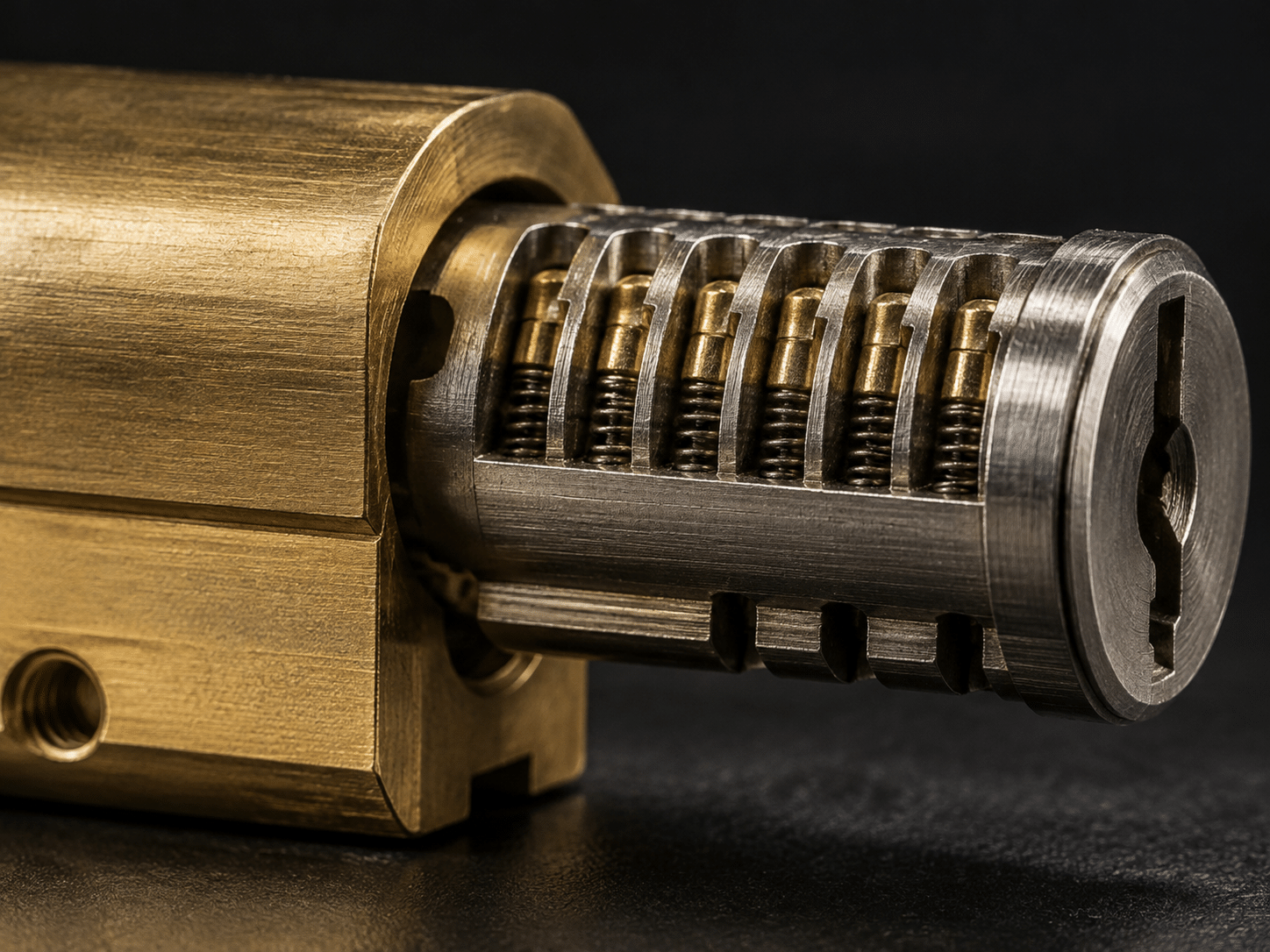 Macro view of a cylinder plug showing pin chambers and springs