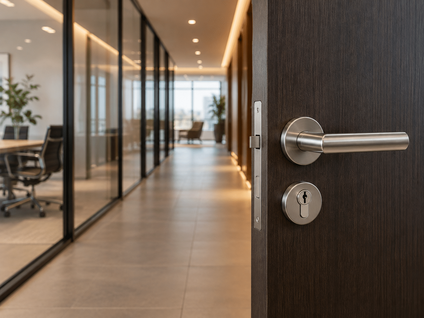 Modern office corridor with a commercial door, lever handle and key cylinder in focus