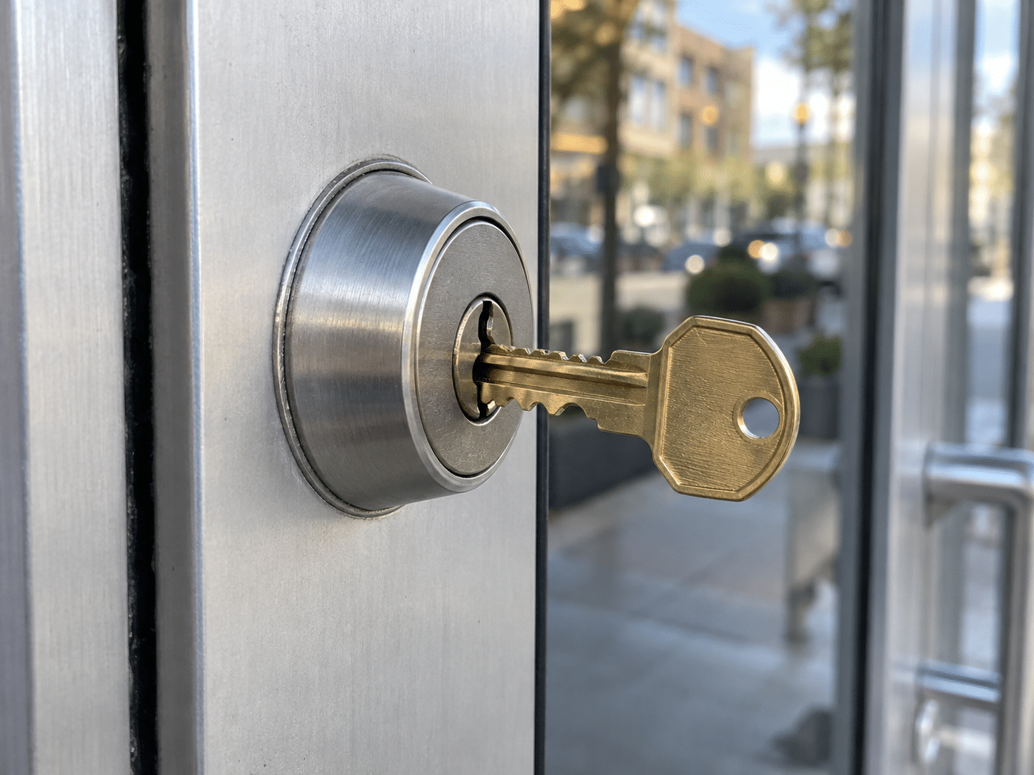 Brass key inserted into a commercial mortise cylinder on a storefront door