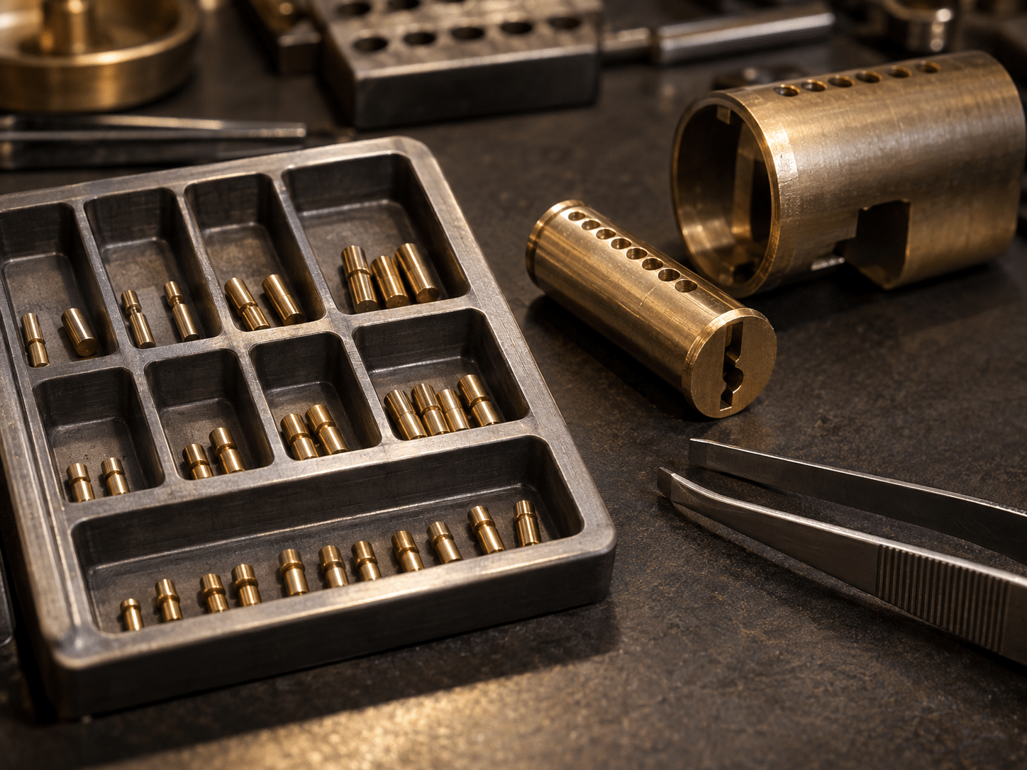 Locksmith pinning kit with sorted brass pin tumblers and a cylinder plug on a workbench